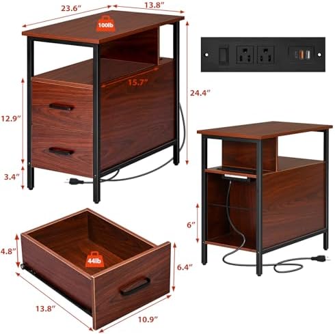 Livofloral Narrow Side Tables with Charging Station, Narrow End Table with Wooden Drawers, USB Ports and Power Outlets, Nightstand and Bedside Table for Bedroom, End Tables Living Room, Espresso - Image 3