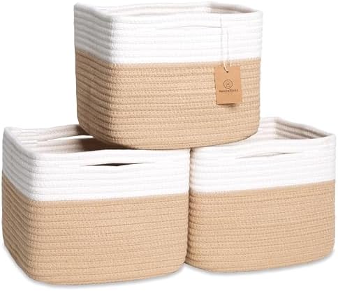 NaturalCozy Storage Cubes 9”x9”x7”Cotton Rope Woven Baskets for Organizing 3-Pack | 9 Inch Cube Storage Bin | Small Basket for Shelf Nursery, Pantry, Decorative Plant, Bathroom Closet, Toy Gift by NaturalCozy