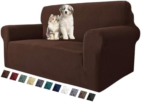 MAXIJIN Stretch Loveseat Sofa Slipcovers 1 piece Love Seat Couch Covers for 2 Cushion Couch Non Slip Sofa Cover Washable Dog Cat Proof Furniture Protector Pet Friendly (Loveseat, Coffee) by MAXIJIN