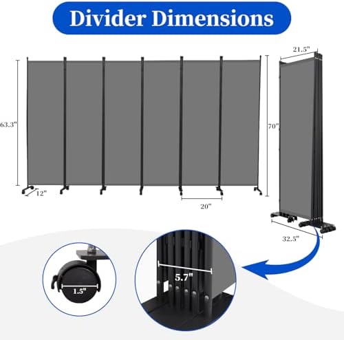 Room Divider 6FT 6 Panel Folding Room Partition with Lockable Wheels,Grey - Image 4