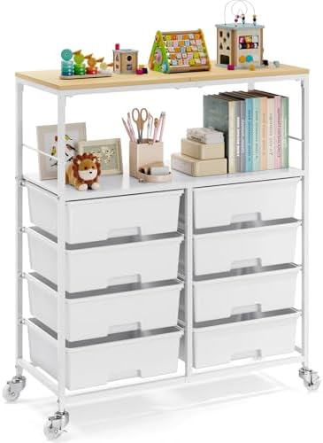 APEXCHASER Rolling Storage Cart with 8 Large Drawers, Wooden Tabletop by APEXCHASER