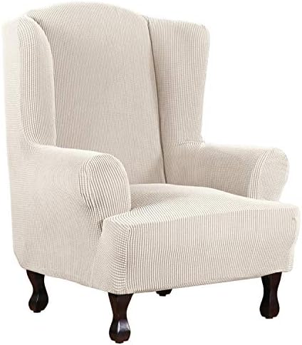 H.VERSAILTEX Wing Chair Slipcover Chair Covers for Wingback Chairs Wingback Chair Covers Slipcovers 1 Piece Stretch Sofa Cover Furniture Protector Soft Spandex Jacquard Checked Pattern, Ivory by HVERSAILTEX