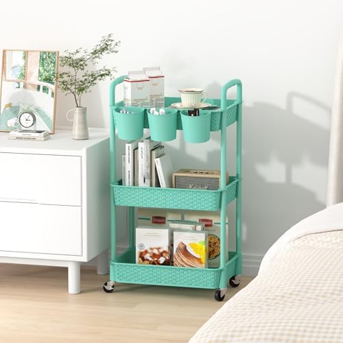 MOYIPIN 3-Tier Plastic Rolling Utility Cart with Handle,Turquoise - Image 6