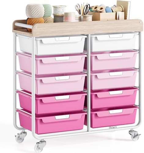 10 Drawers Rolling Cart with Wooden Tabletop, Utility Storage Cart with Wheels, Art Supply Craft Organizer on Wheel with Metal Frame & Handles for Home Office School,Pink by APEXCHASER