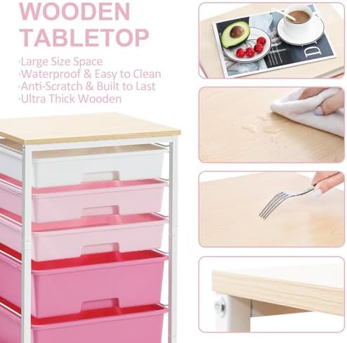 SYKIARIOL Utility Cart with Drawers,5 Drawers Storage Cart,Rose Pink - Image 6