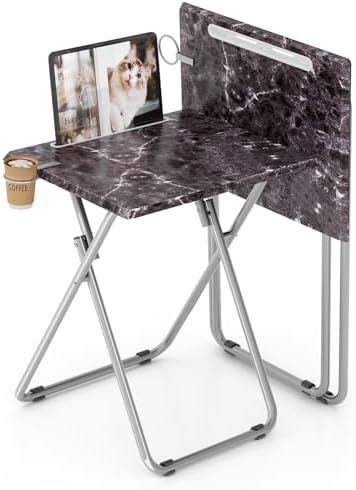 Folding TV Tray Table with Cup Holder, TV Dinner Table with Sturdy MDF Top, Eating Trays with Tablet Slot for Living Room, Bedroom, Sofa, 15 x 18.9 x 25.6 in (Black Marble, 2Pcs) by Fleecy+day