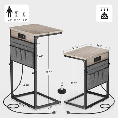 Vagusicc C-Shaped End Table Set of 2 with Charging Station, Small Side Table for Couch, Adjustable Height Couch Side Table, Slide Under Sofa Table TV Tray Tables for Living Room, Bedroom,Bedside, Gray - Image 3