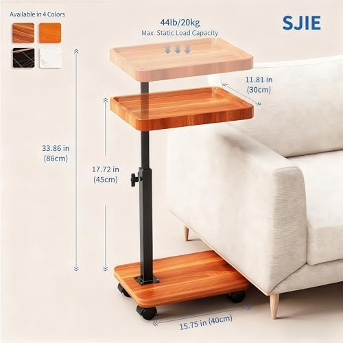 C Table with Wheels, Adjustable Height, 360° Swivel Bed Tray Table - Image 2