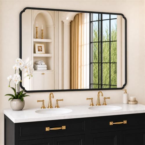 Ferytange Matte Black Bathroom Mirror 55×36 Inch, Large Rounded Rectangle Metal Framed Wall Mount Vanity Mirror, Farmhouse Decor, Anti‑Rust Tempered Glass, Hangs Horizontally or Vertically by FerytangeHome