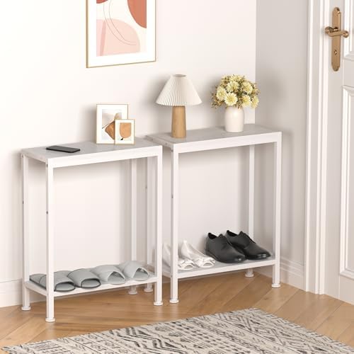 Narrow Side Table for Small Space, 2-Tier Slim End Table, Thin Nightstand, Skinny Snack Couch Table, Sofa Bedside Table, Tall Plant Stand in Living Room, Bedroom, Study, Kitchen and Balcony (White) - Image 4