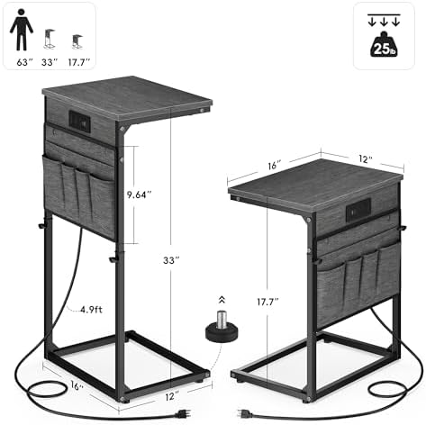 Vagusicc C-Shaped End Table Set of 2 with Charging Station, Small Side Table for Couch, Adjustable Height Couch Side Table, Slide Under Sofa Table TV Tray for Living Room,Bedroom,Bedside, Gray Walnut - Image 3