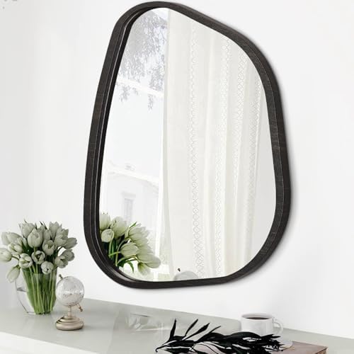 Asymmetrical Mirror for Wall Irregular Oval Wood Frame Modern Unique Wall Mirror Decorative Vanity Bathroom Living Room Bedroom Entryway Hallway Artistic Wavy Mirror Small 14"x10" by HLFMVWE