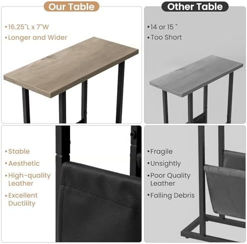 Acovy Narrow Side Table for Small Place,Metal Table with PU Leather Bag,Slim Nightstand for Reading Or Storage,Sofa Side Table for Living Room,Bedroom,Gery - Image 4