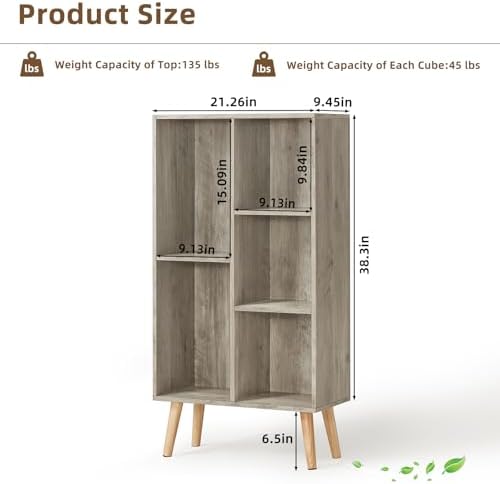 LEYAOYAO 5 Cube Bookshelf, Mid-Century Modern Book Shelf with Legs, Grey - Image 2