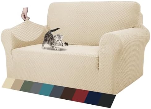 ZNSAYOTX 1 Piece Jacquard Couch Covers for 2 Cushion Couch High Stretch Loveseat Slipcover for Pets Dogs Anti Slip Love Seat Sofa Slipcover Furniture Protector (Loveseat, Light Beige) by ZNSAYOTX