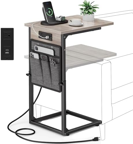 VAGUSICC C Shaped End Table with Charging Station, Adjustable Height Side Table for Couch Recliner, Small Sofa Table with Storage Bag, Slide Under Sofa TV Tray Arm Table for Living Room, Bedroom, Gray by Vagusicc