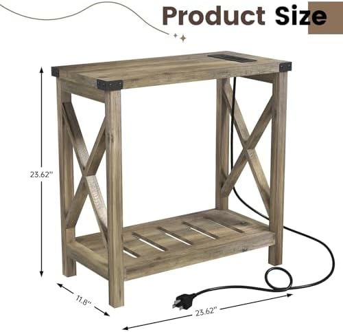 Hadulcet Farmhouse Side Table with Charging Station - Narrow Bedside Table for Small Space, Slim End Table, Rustic X-Design Nightstand for Living Room, Bedroom, Elegant Gray - Image 2