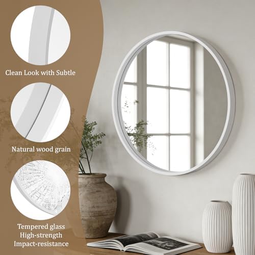 WallBeyond Round Wood Mirror 24 inch Circle Wall Mirror for Bathroom Round Wall Mirror for Wall Decor, Vanity, Entryway Living Room (White) - Image 5