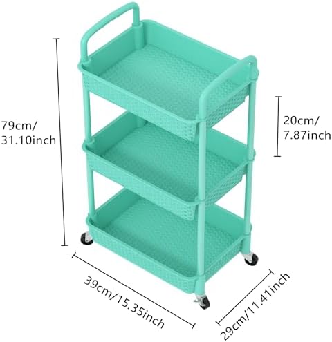 MOYIPIN 3-Tier Plastic Rolling Utility Cart with Handle,Turquoise - Image 2