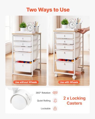 VEVOR Rolling Cart with Drawers, 5 Drawer Storage Organizer, Mobile Utility Cart with Wood Top, Steel Frame, Universal Casters & 2 Brakes, for Office, Classroom, Craft Supplies, Bedroom, Makeup, White - Image 3