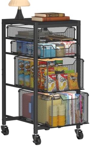 Rolling Storage Cart with Drawers, Under Desk Storage with Wooden Tabletop & Lockable Wheels, 4-Tier Storage Drawers for Bathroom, Craft, Office, Black by Aokitsink
