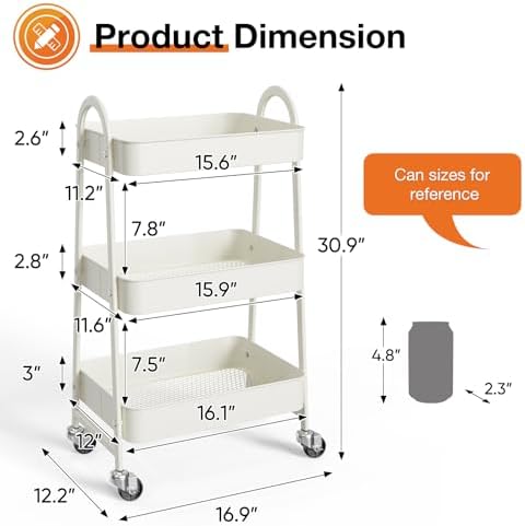 NEWBULIG 3-Tier Metal Rolling Cart with Lockable Wheels, Heavy Duty Mobile Utility Storage Shelf, Roller Book Snack Cart, Organization for Livingroom, Bathroom, Office, White - Image 4