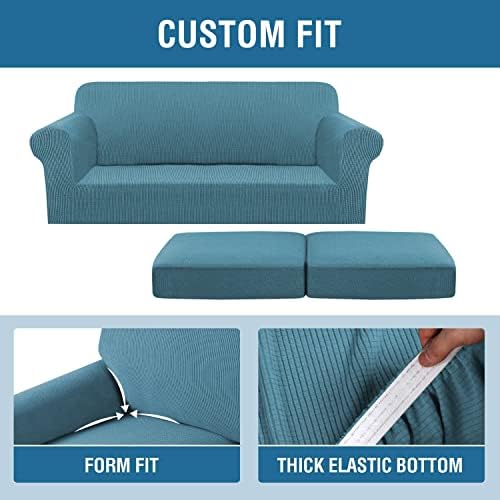 H.VERSAILTEX 3 Piece Stretch Sofa Covers for 2 Cushion Sofa Couch Covers for Living Room Furniture Cover (Base Cover Plus 2 Seat Cushion Covers) Thicker Jacquard Fabric(Large Sofa, Storm Blue) - Image 4