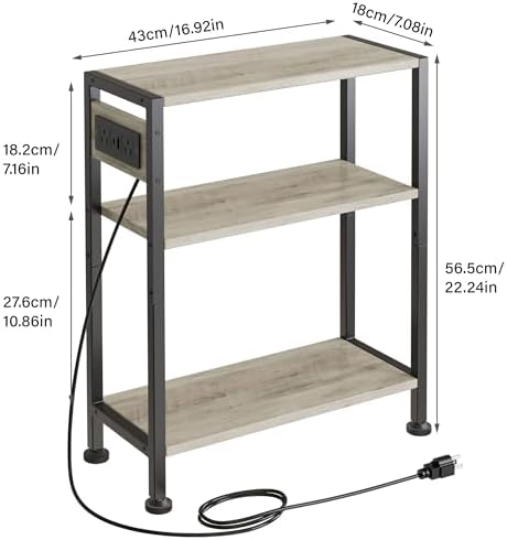 End Table with Charging Station, 3-Tier Side Table for Small Space, Skinny Nightstand with USB/Type C Port and 2 Outlets, Slim Sofa Beside Table for Living Room, Bedroom and Balcony, Greige - Image 3