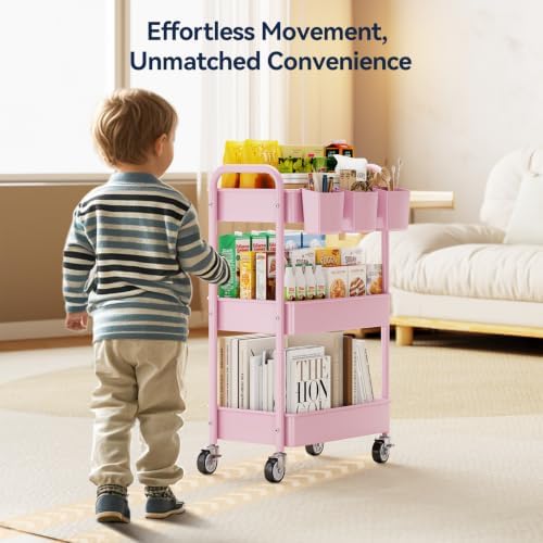 YASONIC 3 Tier Rolling Cart, Heavy Duty Metal Utility Cart with Wheel Pink - Image 3