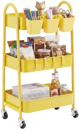danpinera 3-Tier Rolling Cart, Utility Cart Mobile Metal Rolling Storage Cart with Lockable Wheels & Hanging Cups & Hooks for Kitchen, Bathroom, Office, Workshop, Yellow by danpinera