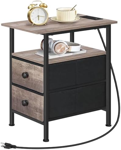 HOOBRO End Table with Charging Station, Narrow Side Table, Nightstand with 2 Non-Woven Drawers, Slim Sofa Side Table, for Small Spaces, Living Room, Bedroom, Greige and Black BG486UBZ01 - Image 4