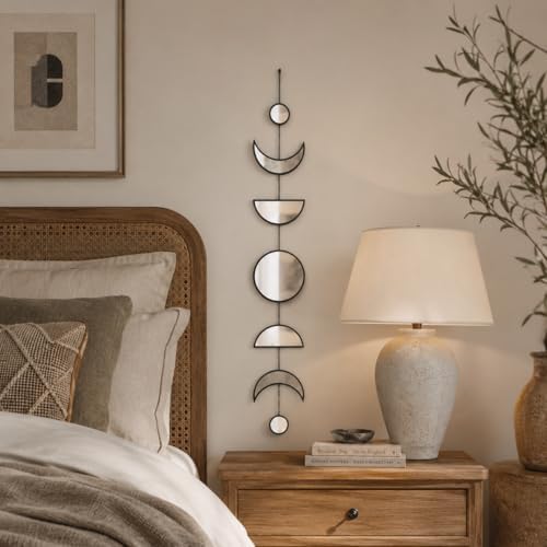 7 Pcs Moon Phase Wall Decor, Acrylic Mirror with Wooden Backboard, Boho Hanging Moon Cycle Wall Art for Bedroom Living Room Home Decor - Image 3