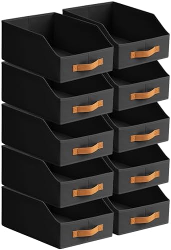 Homsorout Fabric Storage Bins for Organizing - 10 Pack Large Trapezoid Collapsible Storage Bins with Front Handle, Closet Organizers and Storage for Bedroom, Home Shelves, Small Spaces, Black by Homsorout