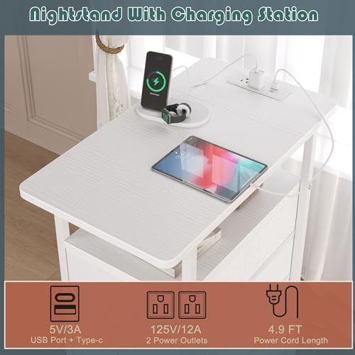 sthmec End Table with Charging Station,LED Side Tables with USB Ports and Outlets,Narrow Nightstands Bedside Tables with 3 Drawers PU Finish for Small Space,Slim Sofa Table for Livingroom,White - Image 4