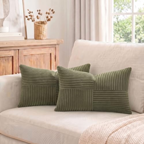 Fancy Homi 2 Packs Olive Green Lumbar Decorative Throw Pillow Covers 20x28 Inch for Living Room Couch Bed, Farmhouse Boho Home Decor, Soft Striped Corduroy Rectangle Accent Cushion Case 50x70 cm - Image 7