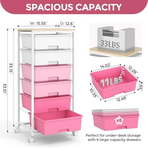 6 Drawer Rolling Storage Cart with Wooden Top and Wheels for Crafts, Pink - Image 3