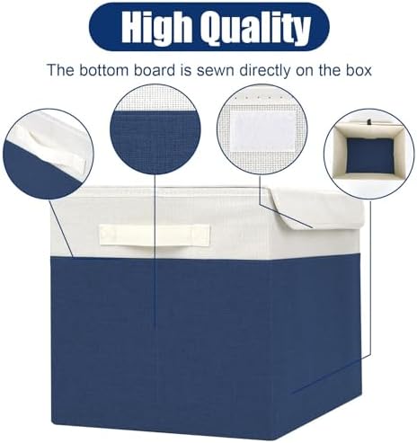 Bagnizer Large 42 Quarts Fabric Storage Bins with Lids [2-Pack] Linen Collapsible Foldable Baskets, Closet Organizer Containers boxes with Handles for Home Office (16.7 x 12 x 12, Navy Blue & White) - Image 4