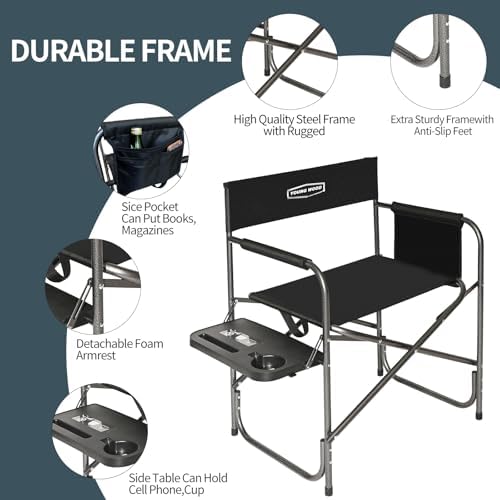 YOUNG WOOD Camping Directors Chair, Lightweight Oversized Portable Folding Chair with Side Table and Storage Pockets for Outdoor Camping, Lawn, Picnic and Fishing, Supports 400lbs (Black) - Image 3