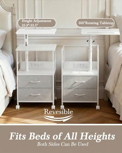 Faesun Swivel Lift Top Nightstand with Charging Station, Rolling Side Table for Recliner, Bedside Table with Wheels & 2 Fabric Drawers, for Small Spaces, for Bedroom, Living Room, White Gray - Image 3