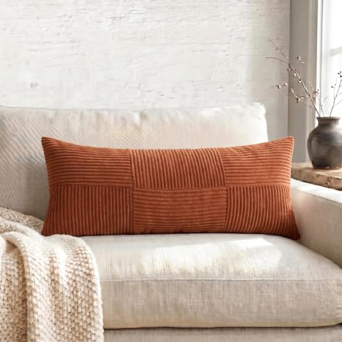 Fancy Homi Set of 2 Rust Boho Long Lumbar Body Decorative Throw Pillow Cover 14x36 Inch for Bed Couch Bedroom Bench, Soft Patchwork Corduroy Textured Pillow Case, Rustic Farmhouse Room Décor - Image 5