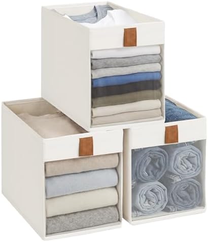 StorageWorks Narrow Storage Bins with Mesh Front Window, Beige, 3-Pack by StorageWorks