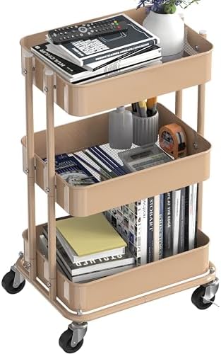 Simple Houseware 3-Tier Utility Cart, Low 24" Height Fits Under Desk, Khaki - Image 4