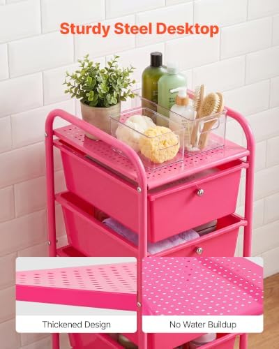 VEVOR Rolling Cart with Drawers, 4 Drawer Storage Organizer, Mobile Utility Cart with Steel Frame, Universal Casters & 2 Brakes, for Office, Classroom, Craft Tools, Garage, Cleaning Supplies, Rose Red - Image 4
