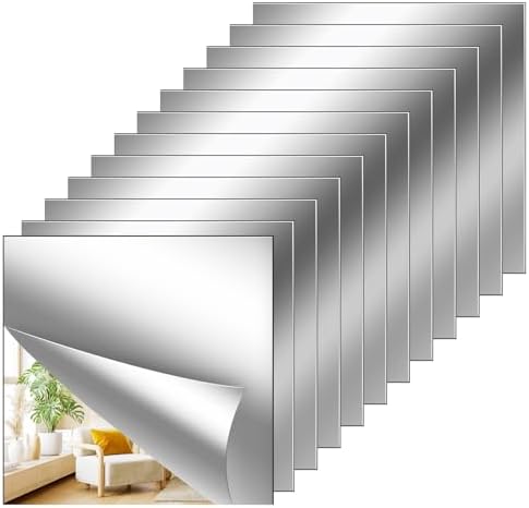 12Pack Acrylic Flexible Mirror Sheets,12x12 Inch Self-Adhesive Mirror Tiles,Square Cuttable Wall Stickers Non Glass Safety Reflective for Home Wall DIY Decor by Unknown