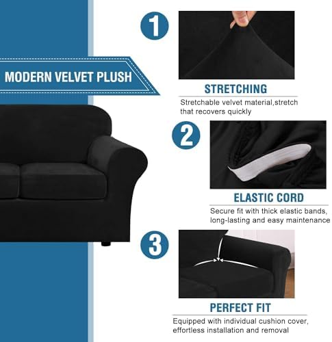 H.VERSAILTEX Velvet 4 Piece High Stretch Sofa Slipcover Cover Furniture Protector Form Fit Thick Velvet Extra Large Sofa Cover for 3 Cushion Couch Width Up to 105 Inch(XL Sofa, Jet Black) - Image 3