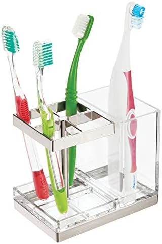 mDesign Plastic Toothbrush and Toothpaste Storage Organizer Holder - Home Decor for Bathroom Countertop - Holds Toiletries and Beauty Accessories - Lumiere Collection - Clear/Brushed - Image 5