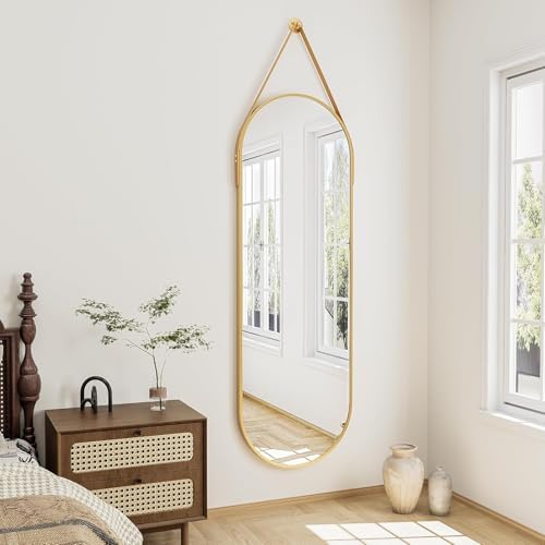 48"x16" Hanging Mirror with Leather Strap,Oval Full Length Mirror with Aluminum Frame Wall-Mounted Hanging Mirrors for Bathroom Vanity Living Room Bedroom Entryway Decor, Gold by TinyTimes