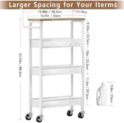 Utility Slim Rolling Storage Cart, 4-Tier Narrow Metal Organizer with Wood Top, 7.1" Width Utility Cart for Kitchen, Bathroom, Laundry Room, Small Spaces, White - Image 7