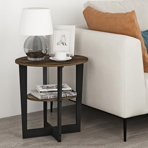 Furinno Jaya 2-Tier Round Side Table Set of 2, Open Shelf, Columbia Walnut - Image 2