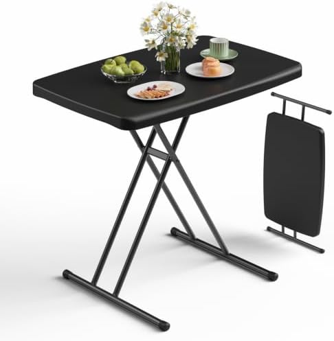 Folding Table 30 Inch - Small Desk Adjustable Height TV Tray for Laptop, Couch, Camping - Heavy Duty Utility Foldable Table for Small Spaces, No Assembly Required, Snowy Granite (Black) by FoldingFurniture
